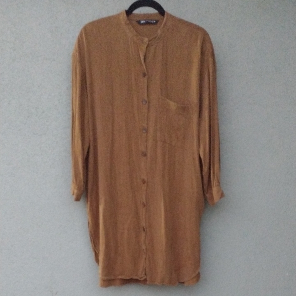 Zara Chestnut Lyocell Button-Up Collarless Midi Shirt Dress Women's Small/Medium